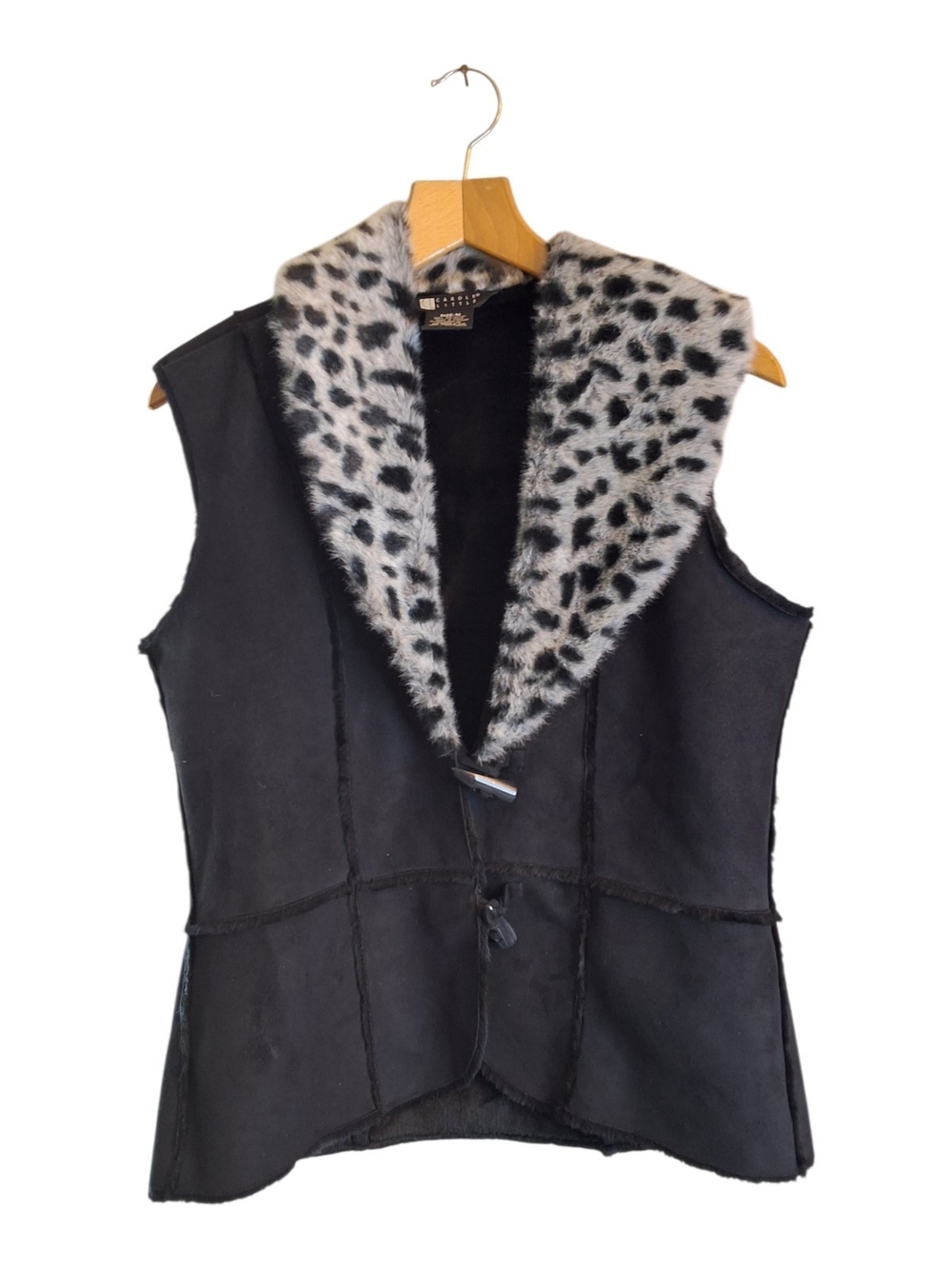 Carole Little Black Vest with Leopard-Print Faux Fur Collar Medium